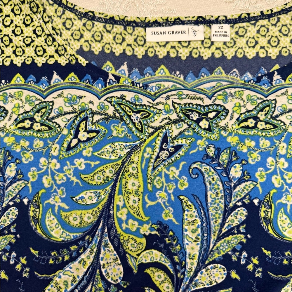 Susan Graver Blue Paisley Print Short Sleeve Top - Picture 2 of 6